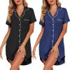 Ekouaer 2 Pack Nightgowns for Women Button Down Sleepshirts Short Sleeve Sleepwear V Neck Nightshirt Pajama Dress(Black/Navy Blue)