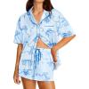 Ekouaer Womens Silk Satin Pajama Set, 2 Piece Heart Embroidery Short Sleeve Button Down Pjs Set for Bridal Party(Bow Blue)