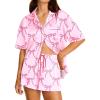 Ekouaer Womens Silk Satin Pajama Set, 2 Piece Heart Embroidery Short Sleeve Button Down Pjs Set for Bridal Party(Bow Pink)