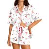 Ekouaer Womens Silk Satin Pajama Set, 2 Piece Heart Embroidery Short Sleeve Button Down Pjs Set for Bridal Party(Cherry White)
