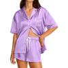 Ekouaer Womens Silk Satin Pajama Set, 2 Piece Heart Embroidery Short Sleeve Button Down Pjs Set for Bridal Party(Light Purple)