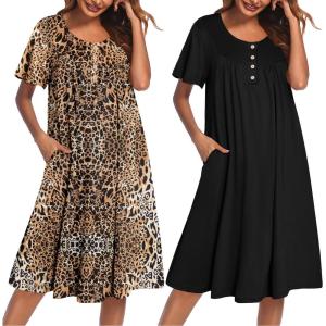 Ekouaer 2 Pack House Dresses for Women with Pockets Short Sleeve Moomoo Nightgown Plus Size Mumu Dress Floral Lounge Dress(Black/Leopard)
