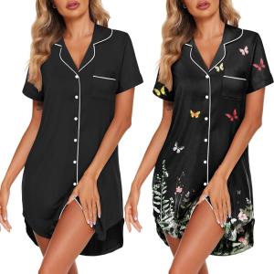 Ekouaer 2 Pack Nightgowns for Women Button Down Sleepshirts Short Sleeve Sleepwear V Neck Nightshirt Pajama Dress(Black/Black Butterfly)