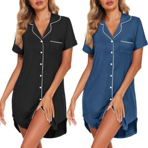 Ekouaer 2 Pack Nightgowns for Women Button Down Sleepshirts Short Sleeve Sleepwear V Neck Nightshirt Pajama Dress(Black/Blue)