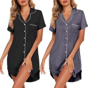 Ekouaer 2 Pack Nightgowns for Women Button Down Sleepshirts Short Sleeve Sleepwear V Neck Nightshirt Pajama Dress(Black/Grey)