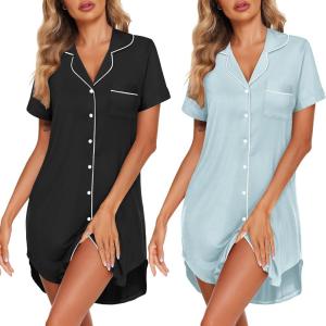 Ekouaer 2 Pack Nightgowns for Women Button Down Sleepshirts Short Sleeve Sleepwear V Neck Nightshirt Pajama Dress(Black/Light Blue)