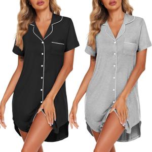 Ekouaer 2 Pack Nightgowns for Women Button Down Sleepshirts Short Sleeve Sleepwear V Neck Nightshirt Pajama Dress(Black/Light Grey)
