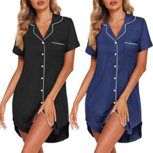 Ekouaer 2 Pack Nightgowns for Women Button Down Sleepshirts Short Sleeve Sleepwear V Neck Nightshirt Pajama Dress(Black/Navy Blue)