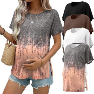 Ekouaer 4 Pack Maternity Shirts Short Sleeve Pregnancy Tunic Tops Casual Postpartum Outfits Split Side Mama Clothes(Black/Brown/White/Gradient Orange)