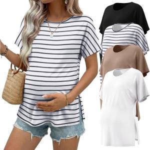 Ekouaer 4 Pack Maternity Shirts Short Sleeve Pregnancy Tunic Tops Casual Postpartum Outfits Split Side Mama Clothes(Black/Khaki/White/Black White Stripes)