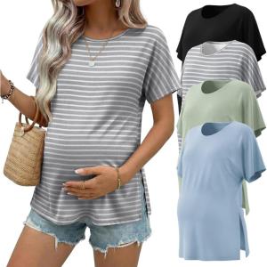 Ekouaer 4 Pack Maternity Shirts Short Sleeve Pregnancy Tunic Tops Casual Postpartum Outfits Split Side Mama Clothes(Black/Light Blue/Light Green/Gray White Stripes)