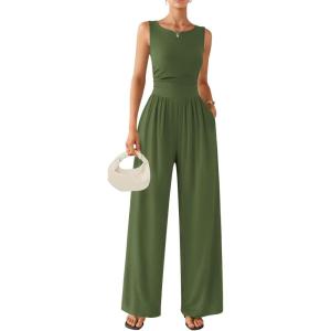Ekouaer Jumpsuits for Women One Piece Jumpsuit Wide Leg Sleeveless Crewneck Casual Womens Romper Jumpers With Pockets 2026(Army Green)