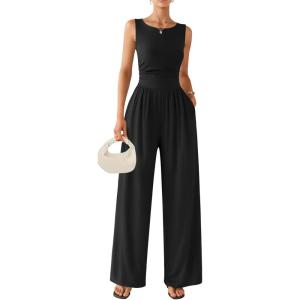Ekouaer Jumpsuits for Women One Piece Jumpsuit Wide Leg Sleeveless Crewneck Casual Womens Romper Jumpers With Pockets 2026(Black)