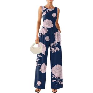 Ekouaer Jumpsuits for Women One Piece Jumpsuit Wide Leg Sleeveless Crewneck Casual Womens Romper Jumpers With Pockets 2026(Pink Floral Navy)