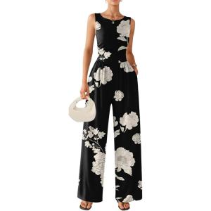 Ekouaer Jumpsuits for Women One Piece Jumpsuit Wide Leg Sleeveless Crewneck Casual Womens Romper Jumpers With Pockets 2026(White Floral Black)