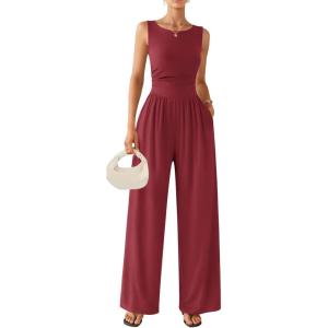 Ekouaer Jumpsuits for Women One Piece Jumpsuit Wide Leg Sleeveless Crewneck Casual Womens Romper Jumpers With Pockets 2026(Wine Red)