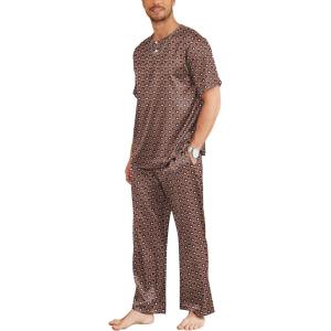 Ekouaer Mens Silk Satin Pajama Set Short Sleeve Sleepwear Silky Loungewear with Long Pants(Geometric Gold)