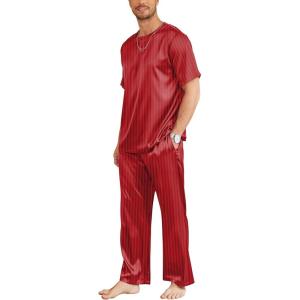 Ekouaer Mens Silk Satin Pajama Set Short Sleeve Sleepwear Silky Loungewear with Long Pants(Stripe Red)