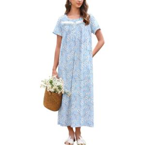 Ekouaer Nightgown for Women Cotton Long Night Gown Short Sleeve Nightdress with Pockets Button Sleepshirt Soft Sleepwear(Blue White Florals)
