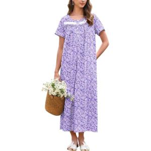 Ekouaer Nightgown for Women Cotton Long Night Gown Short Sleeve Nightdress with Pockets Button Sleepshirt Soft Sleepwear(Blue White Polka Dots)