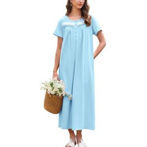 Ekouaer Nightgown for Women Cotton Long Night Gown Short Sleeve Nightdress with Pockets Button Sleepshirt Soft Sleepwear(Cyan)