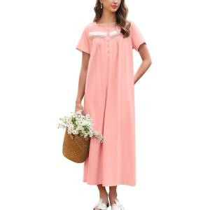 Ekouaer Nightgown for Women Cotton Long Night Gown Short Sleeve Nightdress with Pockets Button Sleepshirt Soft Sleepwear(Light Pink)