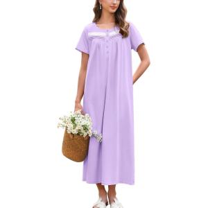 Ekouaer Nightgown for Women Cotton Long Night Gown Short Sleeve Nightdress with Pockets Button Sleepshirt Soft Sleepwear(Light Purple)