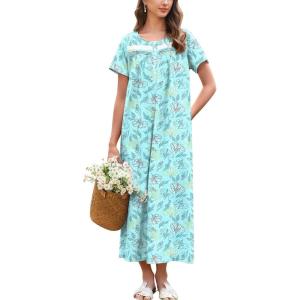Ekouaer Nightgown for Women Cotton Long Night Gown Short Sleeve Nightdress with Pockets Button Sleepshirt Soft Sleepwear(Line Drawing Flowers)