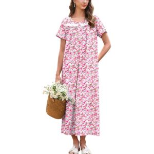Ekouaer Nightgown for Women Cotton Long Night Gown Short Sleeve Nightdress with Pockets Button Sleepshirt Soft Sleepwear(Pink Florals)