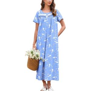 Ekouaer Nightgown for Women Cotton Long Night Gown Short Sleeve Nightdress with Pockets Button Sleepshirt Soft Sleepwear(White Bird)