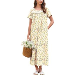 Ekouaer Nightgown for Women Cotton Long Night Gown Short Sleeve Nightdress with Pockets Button Sleepshirt Soft Sleepwear(Yellow Green Leaves)