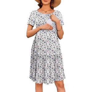 Ekouaer Nursing Dress Summer Short Sleeve Breastfeeding Casual Knee Length Maternity Dresses S-XXL(Floral Cream)