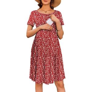 Ekouaer Nursing Dress Summer Short Sleeve Breastfeeding Casual Knee Length Maternity Dresses S-XXL(Red Floral)