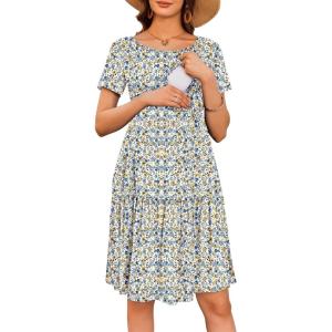 Ekouaer Nursing Dress Summer Short Sleeve Breastfeeding Casual Knee Length Maternity Dresses S-XXL(White Daisy Floral)