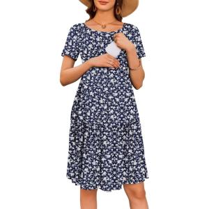 Ekouaer Nursing Dress Summer Short Sleeve Breastfeeding Casual Knee Length Maternity Dresses S-XXL(White Floral)