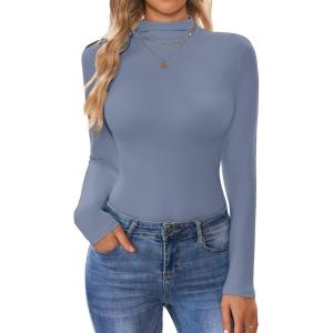 Ekouaer Turtleneck Shirt Women Long Sleeve Mock Neck Slim Fit Tops Thermal Base Layer Soft Lightweight Stretch Undershirts(Gray Blue)