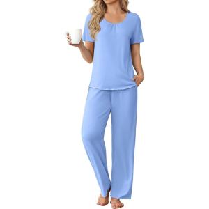 Ekouaer Womens Pajama Sets Viscose from bamboo Lounge Set Soft Pajamas for Women Set Short Sleeve and Long Pants Sleepwear(Blue)