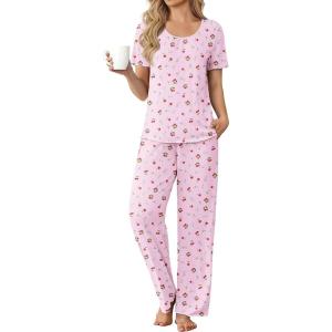 Ekouaer Womens Pajama Sets Viscose from bamboo Lounge Set Soft Pajamas for Women Set Short Sleeve and Long Pants Sleepwear(Cherry and Flowers)