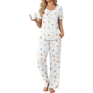 Ekouaer Womens Pajama Sets Viscose from bamboo Lounge Set Soft Pajamas for Women Set Short Sleeve and Long Pants Sleepwear(Daisy)