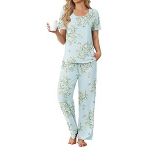 Ekouaer Womens Pajama Sets Viscose from bamboo Lounge Set Soft Pajamas for Women Set Short Sleeve and Long Pants Sleepwear(Daisy Bouquet)