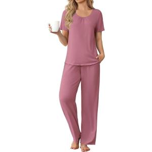 Ekouaer Womens Pajama Sets Viscose from bamboo Lounge Set Soft Pajamas for Women Set Short Sleeve and Long Pants Sleepwear(Deep Pink)