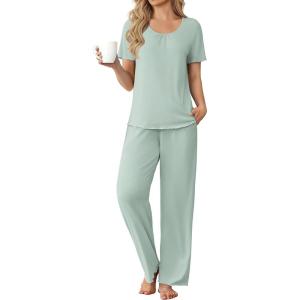 Ekouaer Womens Pajama Sets Viscose from bamboo Lounge Set Soft Pajamas for Women Set Short Sleeve and Long Pants Sleepwear(Light Green)