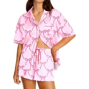 Ekouaer Womens Silk Satin Pajama Set, 2 Piece Heart Embroidery Short Sleeve Button Down Pjs Set for Bridal Party(Bow Pink)