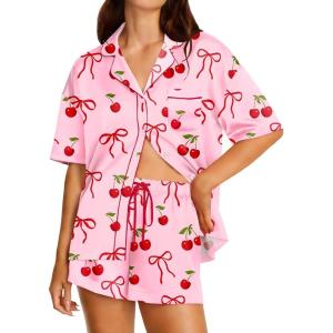 Ekouaer Womens Silk Satin Pajama Set, 2 Piece Heart Embroidery Short Sleeve Button Down Pjs Set for Bridal Party(Cherry Pink)