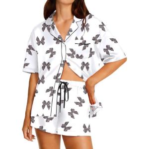 Ekouaer Womens Silk Satin Pajama Set, 2 Piece Heart Embroidery Short Sleeve Button Down Pjs Set for Bridal Party(Leopard Bow)