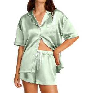 Ekouaer Womens Silk Satin Pajama Set, 2 Piece Heart Embroidery Short Sleeve Button Down Pjs Set for Bridal Party(Light Green)