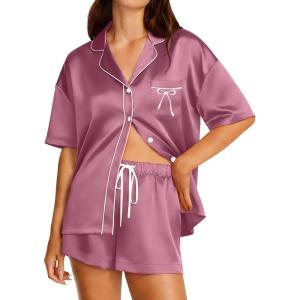 Ekouaer Womens Silk Satin Pajama Set, 2 Piece Heart Embroidery Short Sleeve Button Down Pjs Set for Bridal Party(Muted Pink)