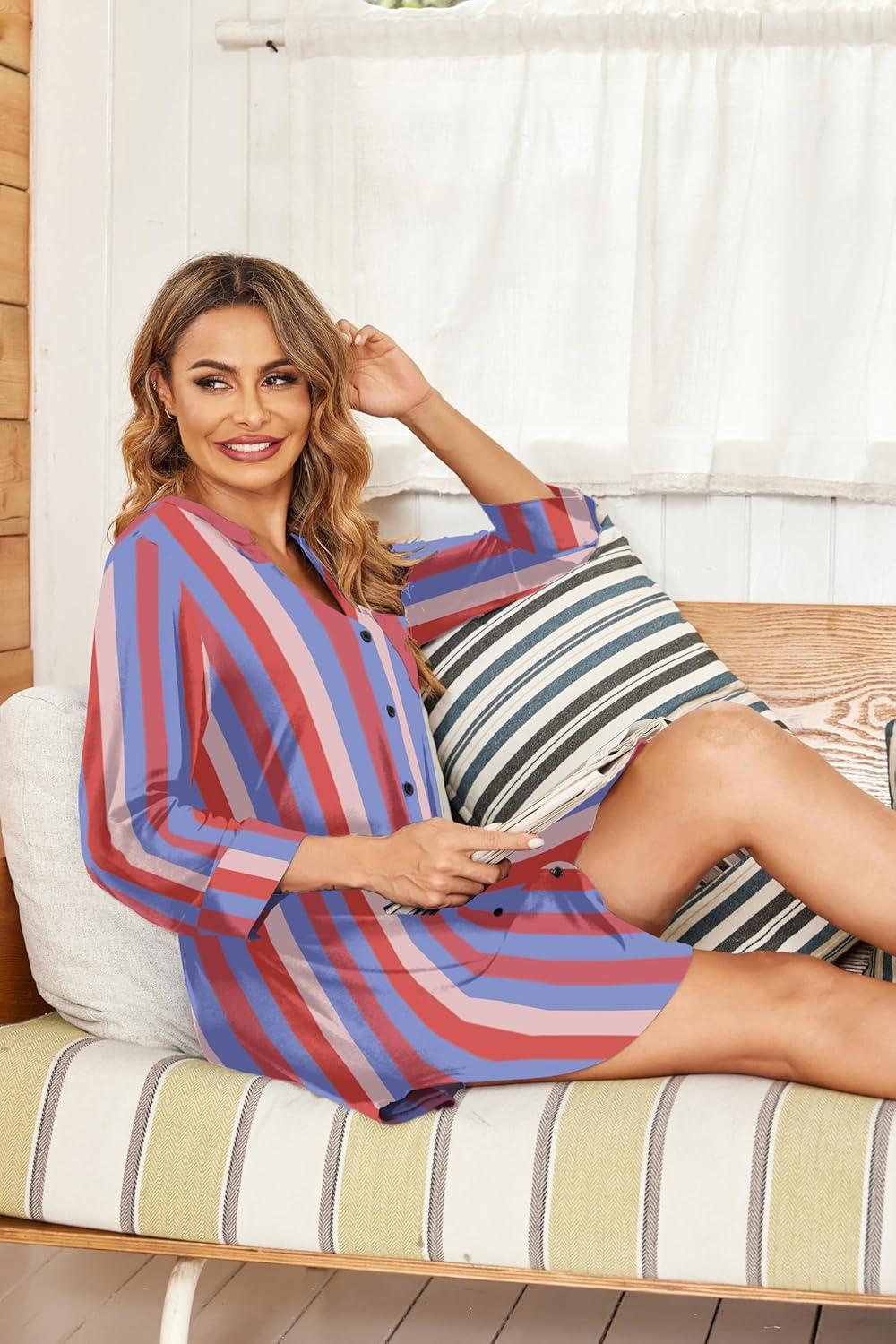 imageEkouaer Womens Nightgown V Neck Striped Button Down Sleepwear 34 Sleeves Nightshirts Soft Button Sleep Dress SXXLBlue Pink Stripes