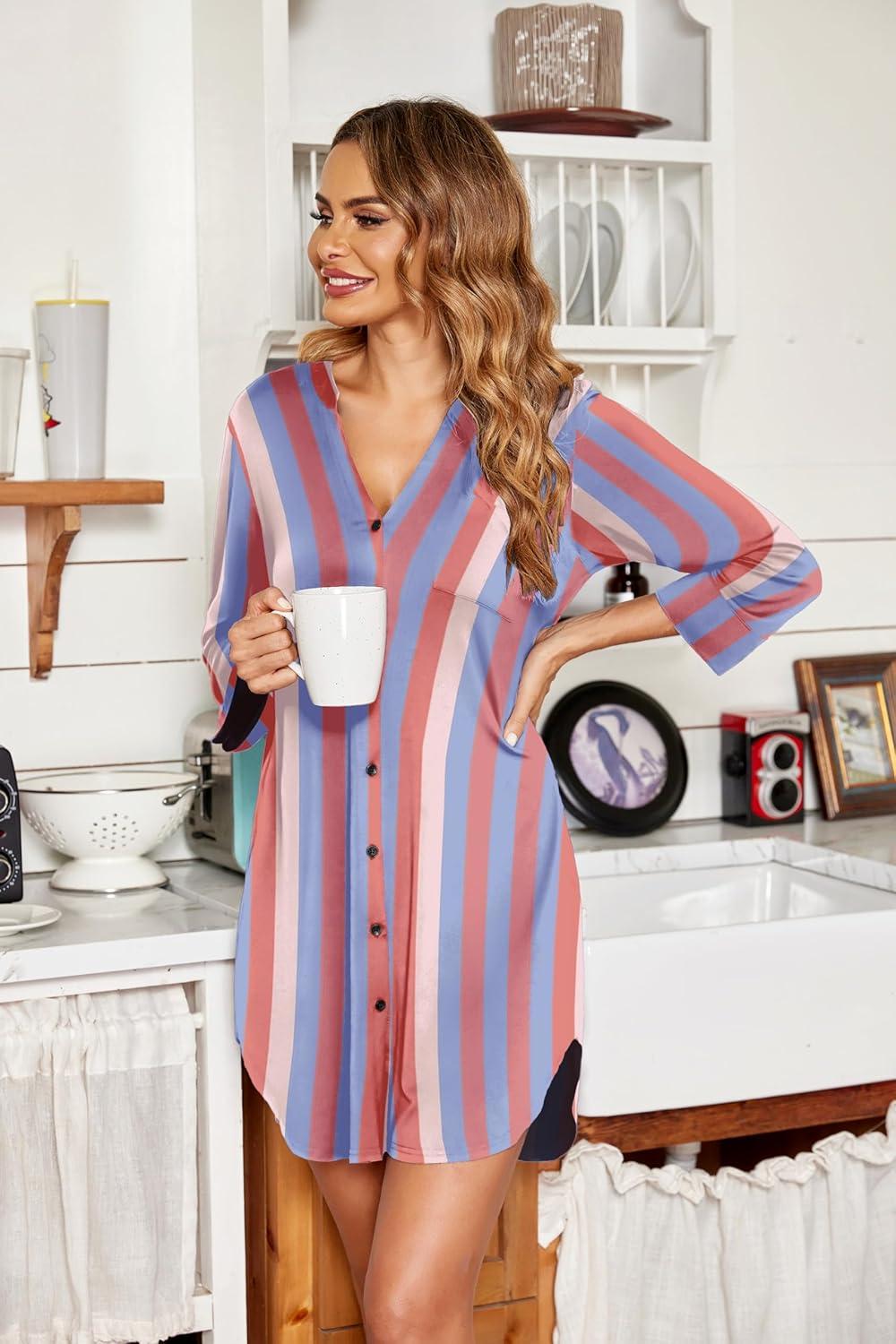 imageEkouaer Womens Nightgown V Neck Striped Button Down Sleepwear 34 Sleeves Nightshirts Soft Button Sleep Dress SXXLBlue Pink Stripes