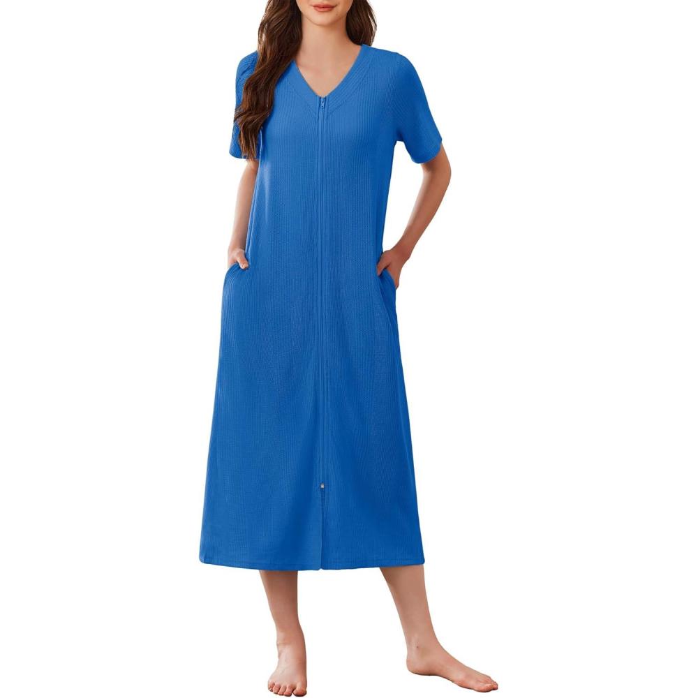 imageEkouaer Zip Up Robe for Women Long Housecoat Waffle Knit Bathrobes Cozy Full Length Nightgown with Pockets S4XL